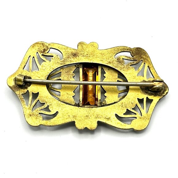Art Nouveau Brass Brooch with Amber Glass Stones & Whiplash Scrollwork  — EUC - Picture 2 of 8